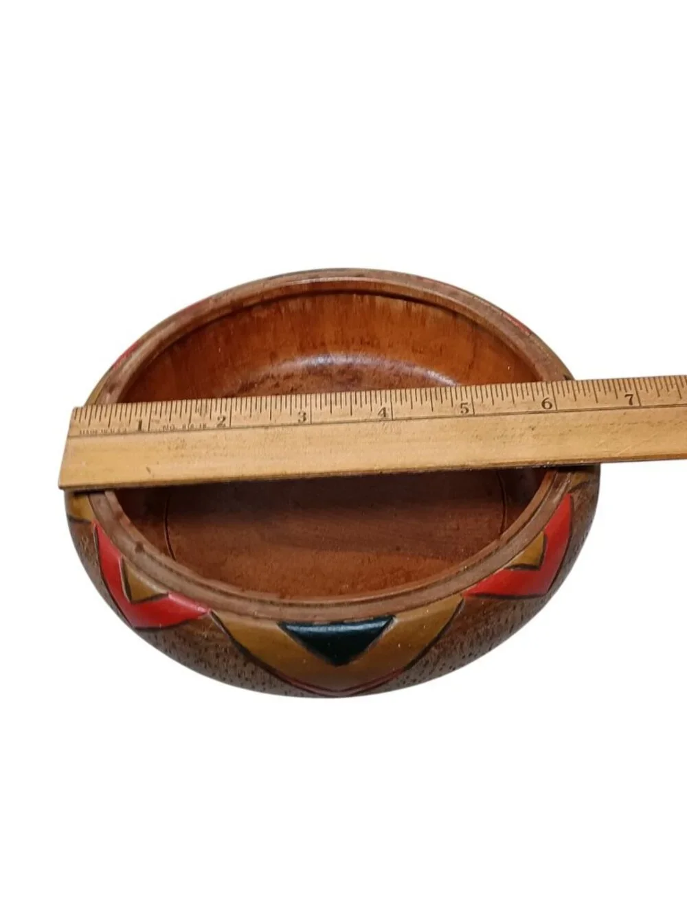 Primitive Ethnic Hand Carved Hand Painted Wooden Bowl Geometric Triangular 6.5